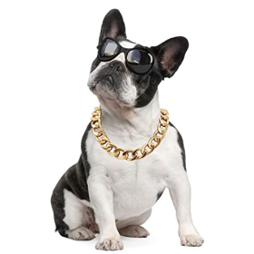 Pet gold collar Dog Chain Collar Keji Teddy Fadou domineering big gold necklace cat playing cool jewelry big gold chain (Color: Golden)